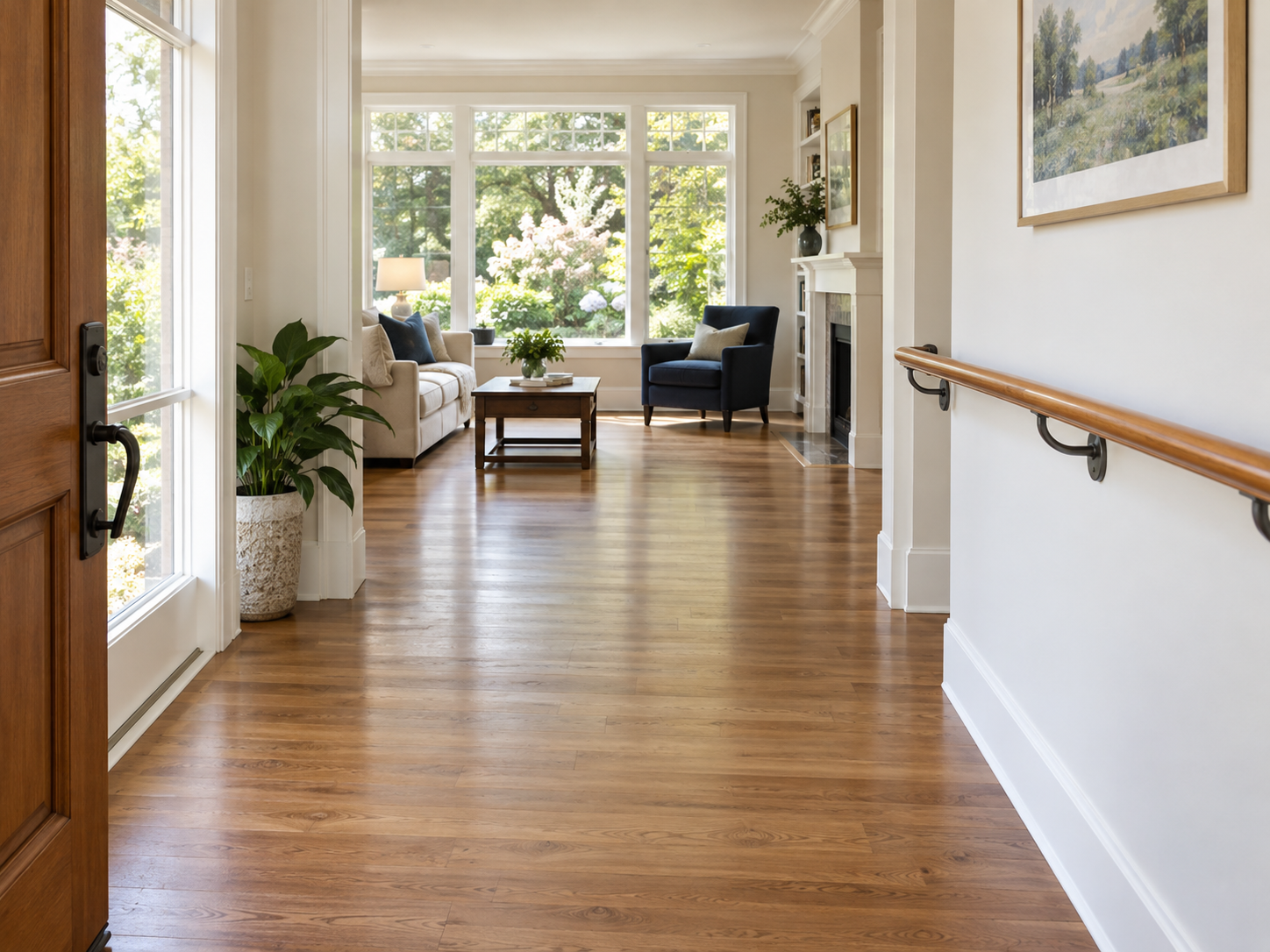A bright home with an open walking path and a wall-mounted handrail